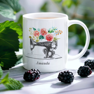 Red Black Sewing Maskin Blommigt Kreativ Kaffemugg