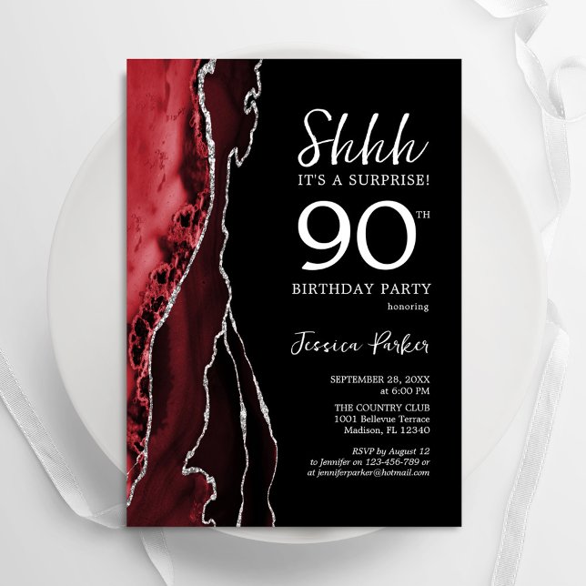 Red Black Silver Agate 90:e födelsedag Inbjudningar (Skapare uppladdad)