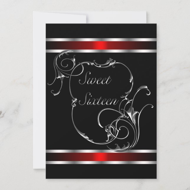 Red Black Silver Swirl Elegant Sweet sixteen Inbjudningar (Framsida)