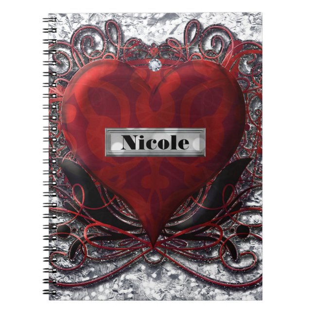 Red Black Silver Valentine Heart Gothic Romantik Anteckningsbok Med Spiral (Framsidan)