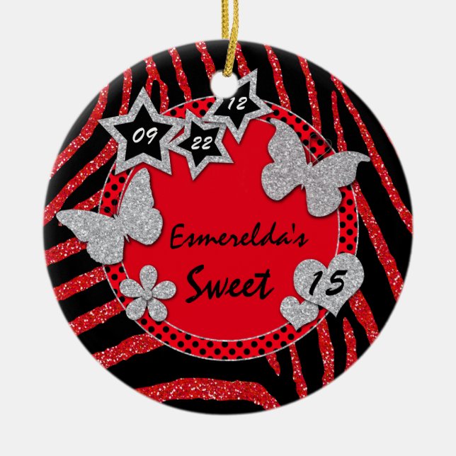 Red Black Silver Zebra Sweet 15 Photo Ornament (Framsidan)