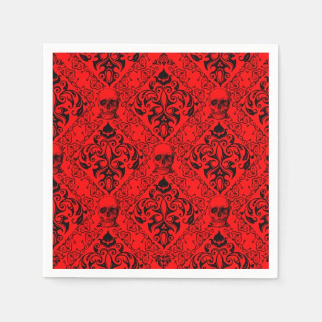 Red Black Skull Damask Halloween Mörk Goth Mönster Pappersservett (Framsidan)