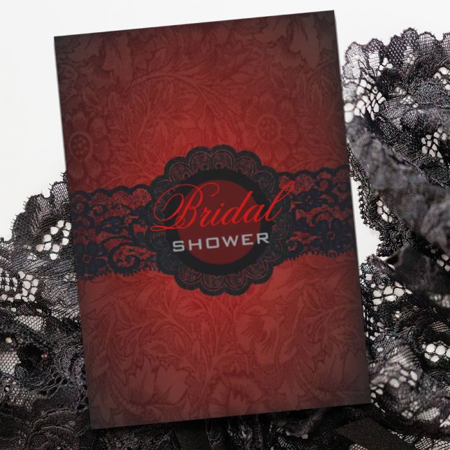 Red Black Snöre Gothic Inbjudningskort för möhippa (Red Black Lace Gothic Bridal Shower Invitation)