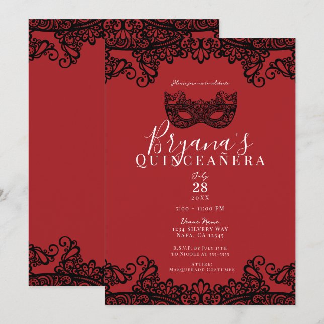 Red & Black Snöre Masquerad 15 Quinceañera 15 Inbjudningar (Fram/baksida)