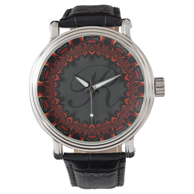 Red Black Snöre Personlig Monogram Wristwatch Armbandsur (Framsida)