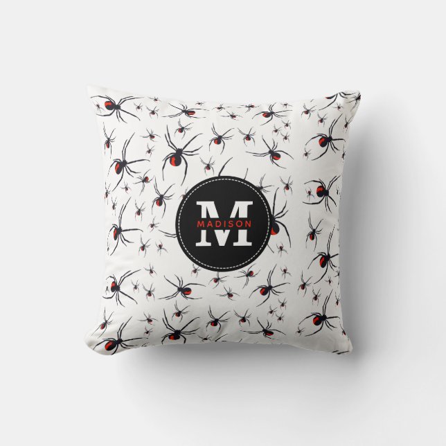 Red & Black Spider Mönster Monogrammed Kudde (Framsida)