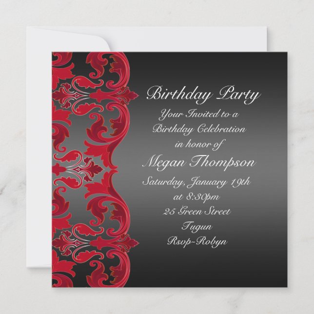 Red/Black Swirl Damask Birthday-inbjudan Inbjudningar (Framsida)