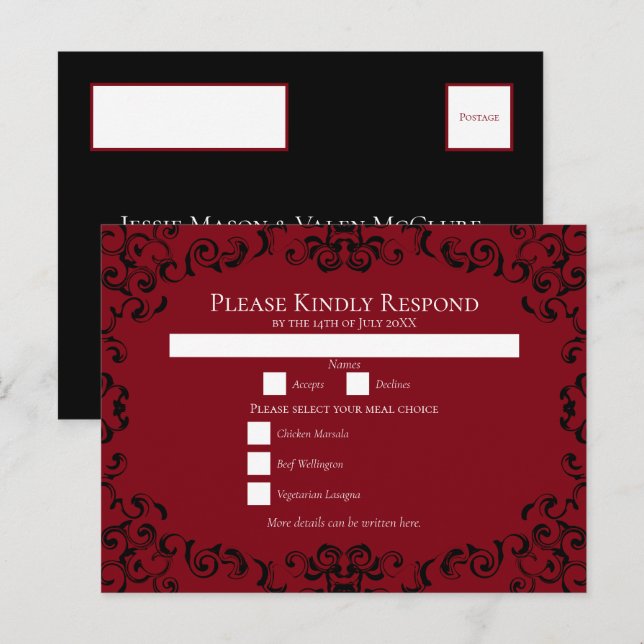 Red Black Swirl Gothic Bröllop Helg Vykort (Fram/baksida)