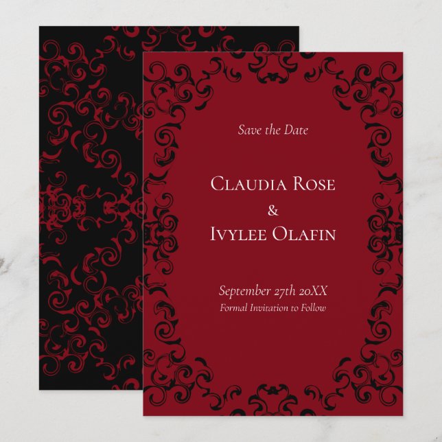 Red & Black Swirl Gothic Bröllop Inbjudningar (Fram/baksida)