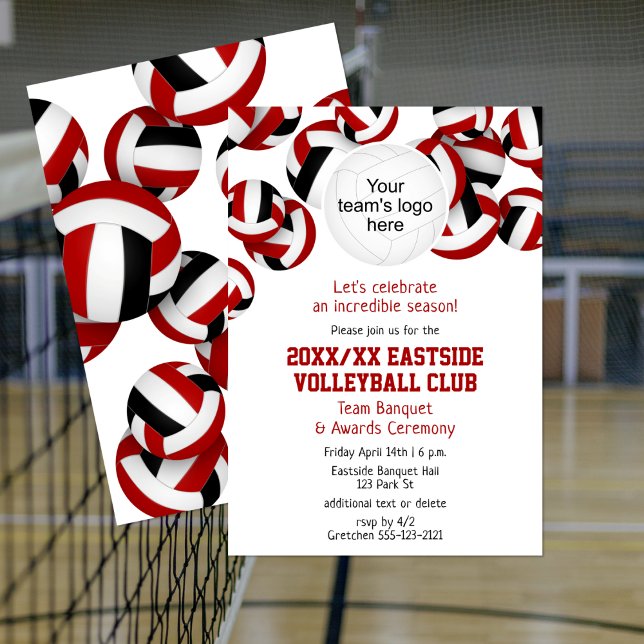 Red Black Team färg volleyball säsongsbanquet Inbjudningar (Volleyball team party invitation, front & back views)