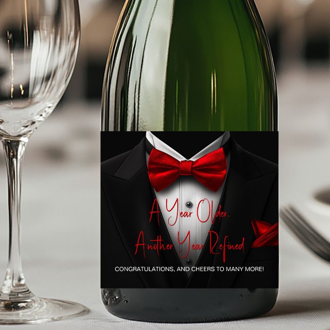 Red Black Tuxedo Champagne-etikett (Add your text, logo, image, etc., to personalize for your event.)