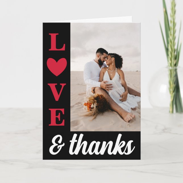 Red Black Typography Kärlek & Tackfoto Bröllop Tack Kort (Framsida)
