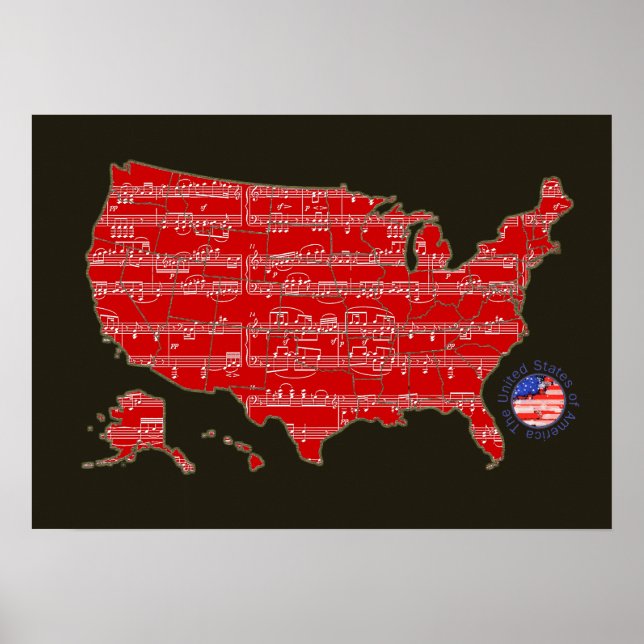 red/black u.s.a. music-notes map poster (Framsidan)