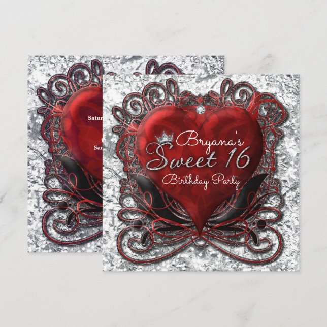 Red & Black Valentine Heart Foil Se Sweet 16 Inbjudningar (Fram/baksida)