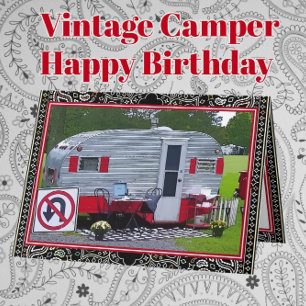 Red Black Vintage Camper Trailer Grattis på födels Kort
