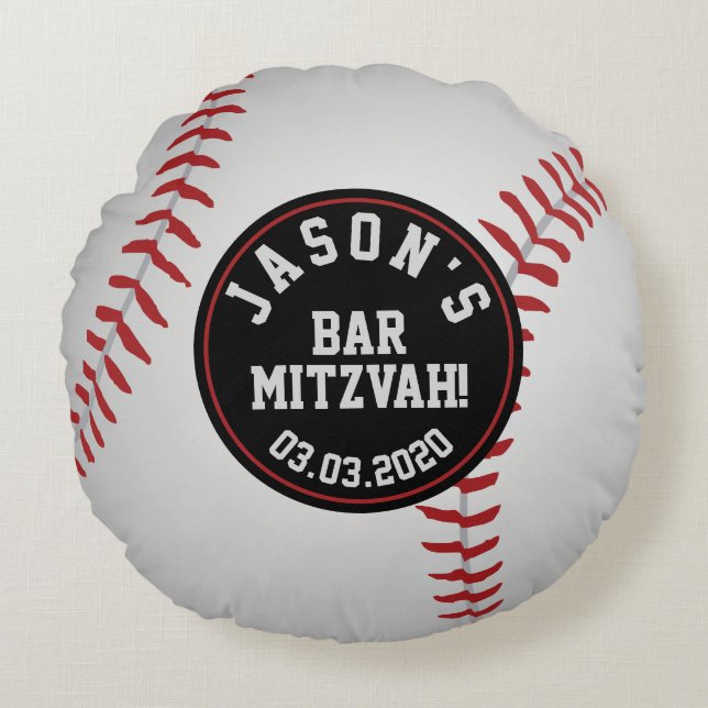 Red Black White Baseball Pub Mitzvah Rund Kudde (Framsidan)