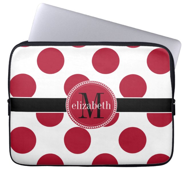 Red Black White Big Polka Dot Monogram Laptop Sleeve (Framsidan)