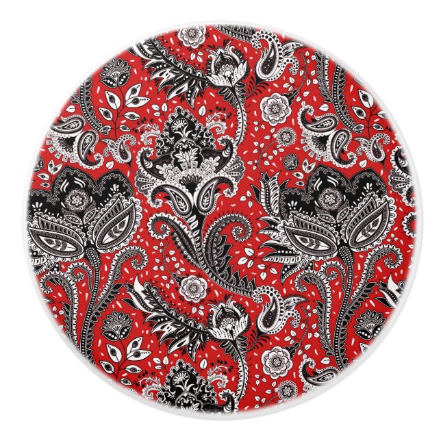Red Black & White Blommigt Paisley Bohemian Boho Knopp (Framsidan)