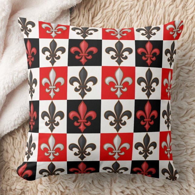 Red Black White Checkered Fleur-de-lis Design Kudde (Skapare uppladdad)