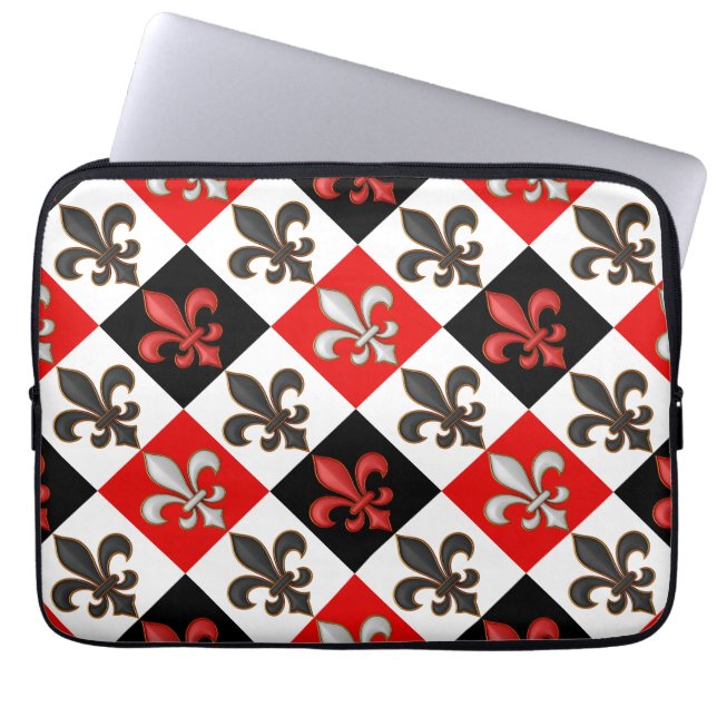Red Black White Checkered Fleur-de-lis Design Laptop Fodral (Framsidan)
