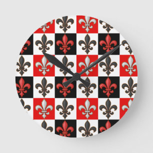 Red Black White Checkered Fleur-de-lis Design Rund Klocka