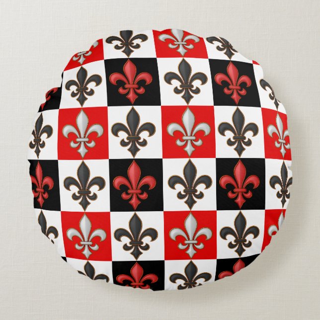 Red Black White Checkered Fleur-de-lis Design Rund Kudde (Framsidan)