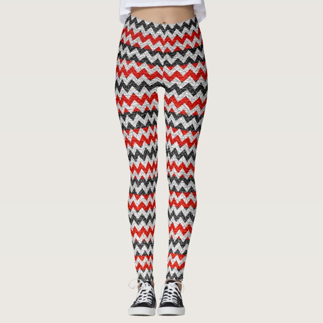 Red Black White Chevron Modern Leather Leggings (Framsida)