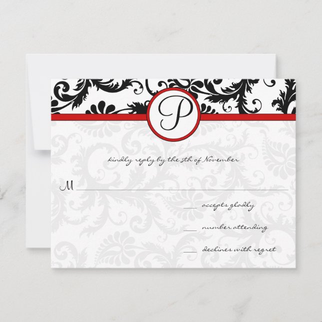 Red Black White Damask Blommigt Swirl OSA kort (Framsida)