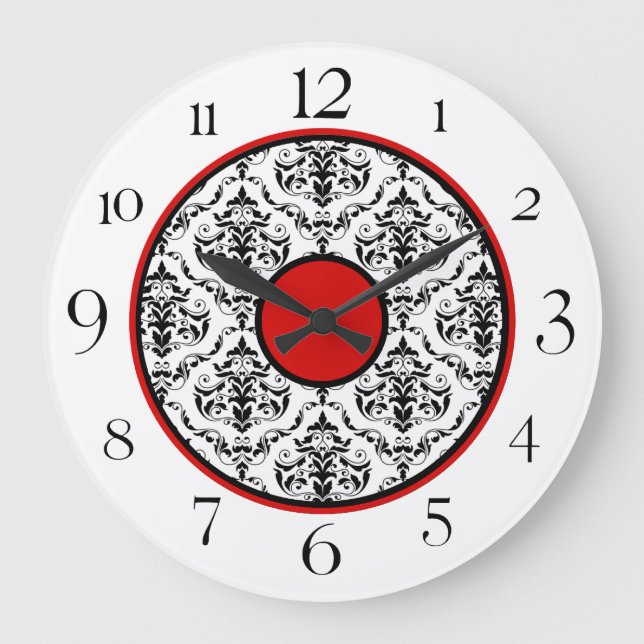 Red Black & White Damask Elegant 10,75-tumsklocka Stor Klocka (Framsida)