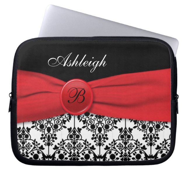 Red, Black, White Damask FAUX Ribbon Laptop sleeve (Framsidan)