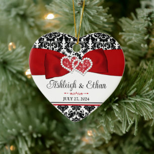 Red, Black, White Damask Kärlek Hearts Bröllop Julgransprydnad Keramik