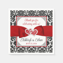 Red, Black, White Damask Kärlek Hearts Bröllop Pappersservett