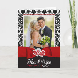 Red, Black, White Damask Kärlek Hearts Bröllop Tack Kort