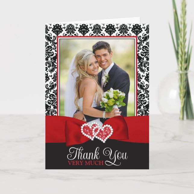 Red, Black, White Damask Kärlek Hearts Bröllop Tack Kort (Framsida)
