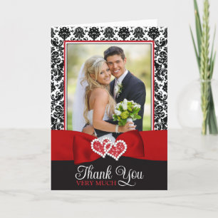 Red, Black, White Damask Kärlek Hearts Bröllop Tack Kort