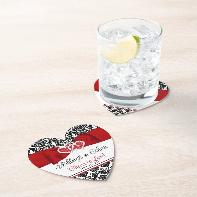 Red, Black, White Damask Kärlek Hearts Bröllop Underlägg Papper (Insitu)