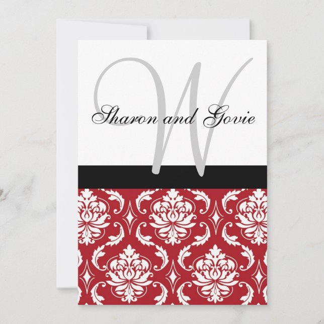 Red Black White Damask Monogram bröllopsinbjudan Inbjudningar (Framsida)