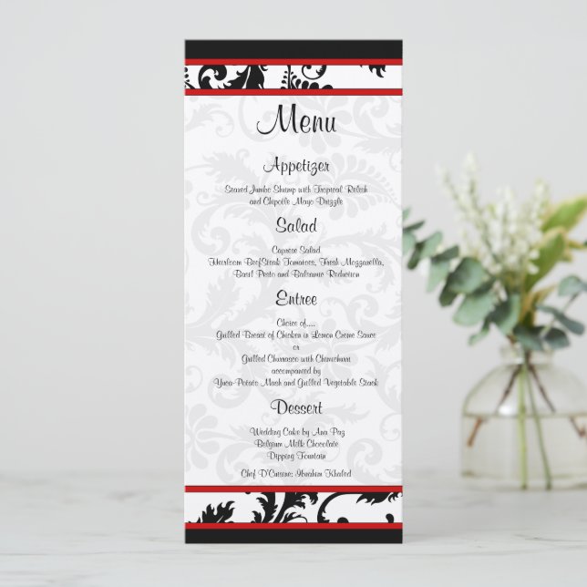 Red Black White Damask Monogram Menu Meny (Stående Fram)