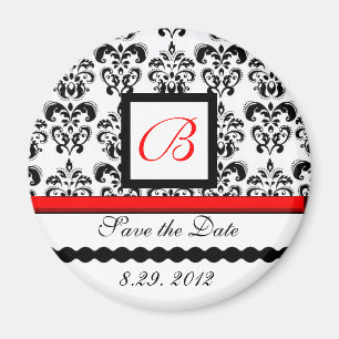 RED BLACK WHITE DAMASK MONOGRAM,Spara datum Magnet
