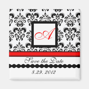 RED BLACK WHITE DAMASK MONOGRAM,Spara datum Magnet