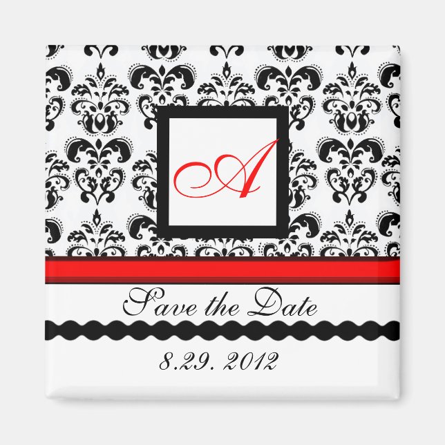 RED BLACK WHITE DAMASK MONOGRAM,Spara datum Magnet (Framsidan)