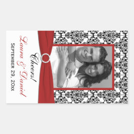 Red, Black, White Damask Photo Vin-etikett Rektangulärt Klistermärke