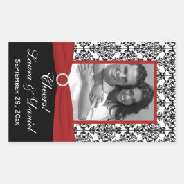 Red, Black, White Damask Photo Vin-etikett Rektangulärt Klistermärke