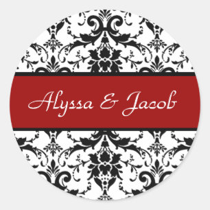 Red Black White Damask Wedding Bröllop V4 Runt Klistermärke
