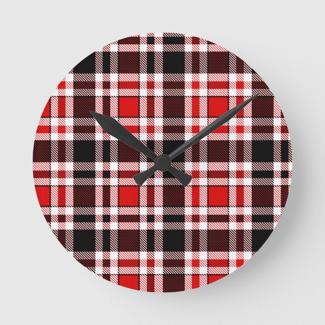 Red Black White Flskanansk Tartan Mönster Design Rund Klocka (Framsida)