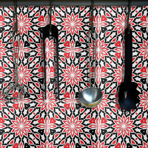 Red Black White Geometric Ethnic Kaleidoscopic Kakelplatta