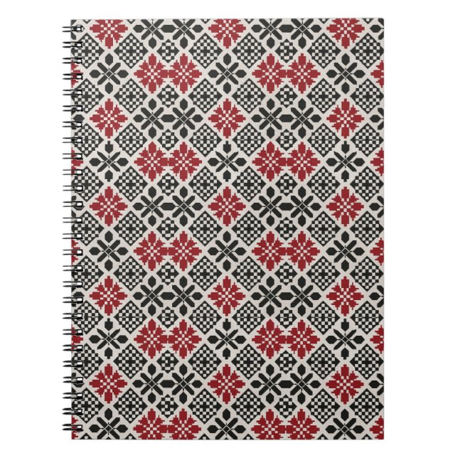 Red Black White Geometric Folk Mönster Anteckningsbok (Framsidan)