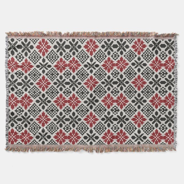 Red Black White Geometric Folk Mönster Ethnic Filt (Framsidan)