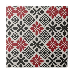Red Black White Geometric Folk Mönster Kakelplatta