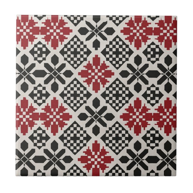 Red Black White Geometric Folk Mönster Kakelplatta (Framsidan)